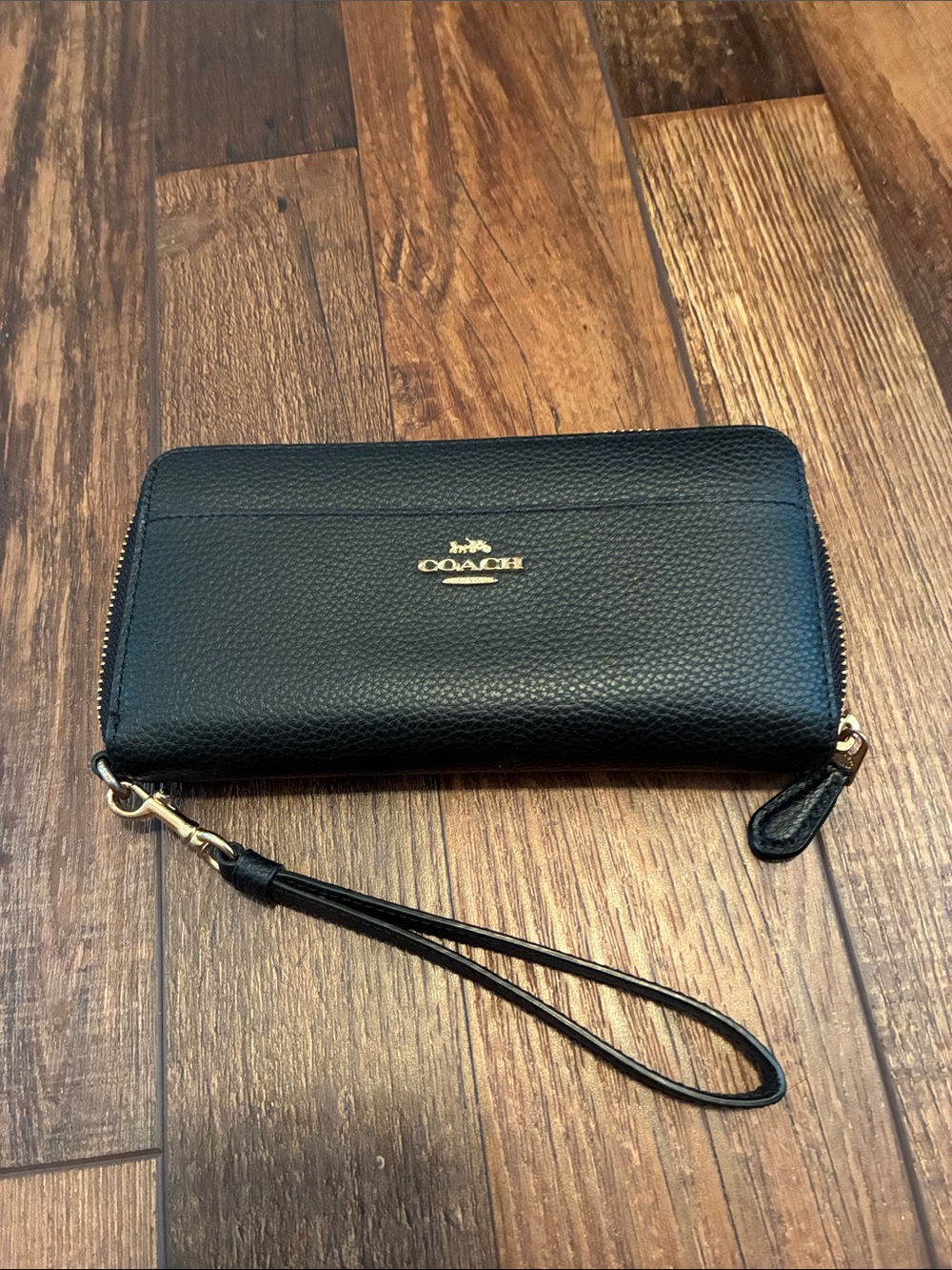 Coach Black Pebbled Leather Zip Wristlet with Gold Logo
